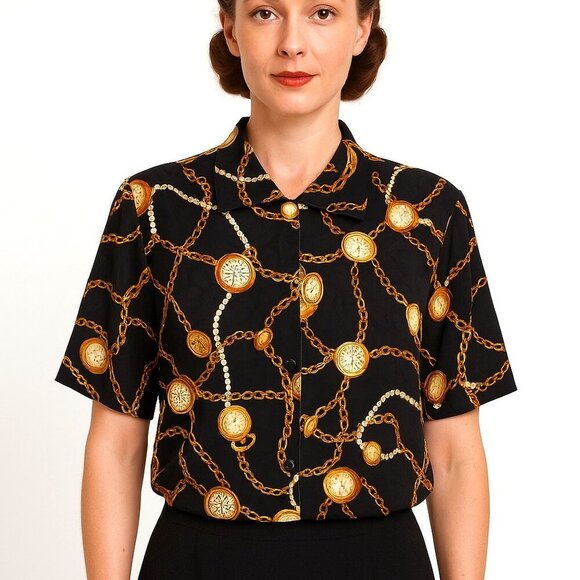 Vintage MAGGY LONDON 100% Silk Blouse Pocket Watches Gold Chain & Pearls - Picture 1 of 12